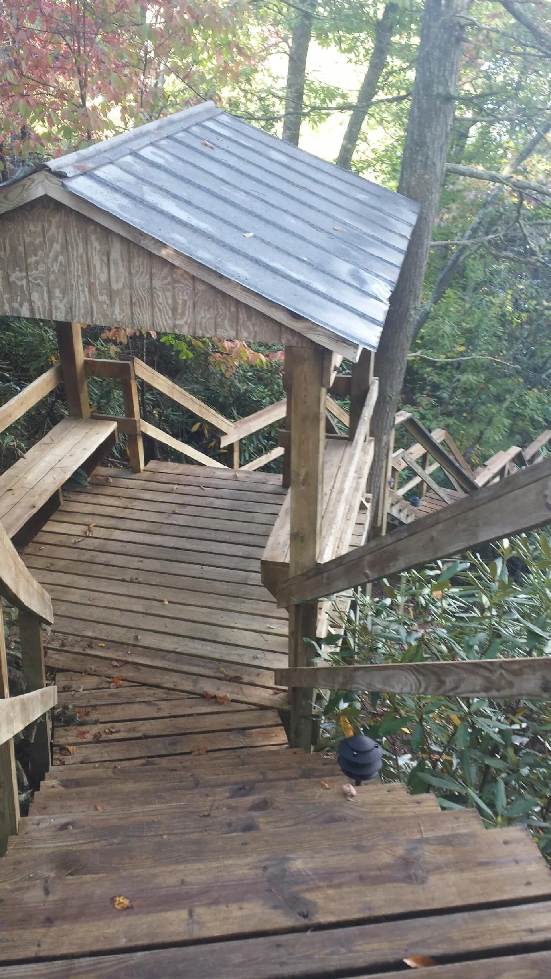 Metal roofed shelter over wooden steps on a wooded walkway — Skylight Repair & Installation work by our crew in Roundhill